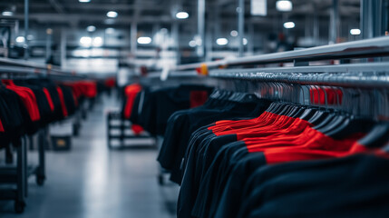 Contemporary sportswear manufacturing plant where performance fabrics are being laser-cut, assembled, and stitched into high-tech athletic wear.