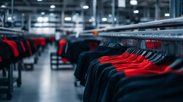Contemporary sportswear manufacturing plant where performance fabrics are being laser-cut, assembled, and stitched into high-tech athletic wear.