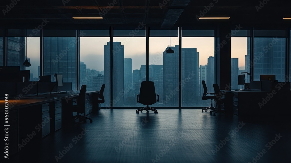 Poster empty office space with city skyline view through large windows