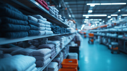 Obraz premium High-efficiency sock manufacturing plant where yarns are being knitted into socks, sorted by size, and packed, ready for shipping.