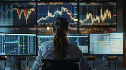 Female Trader Monitoring Market Trends on Multiple Screens