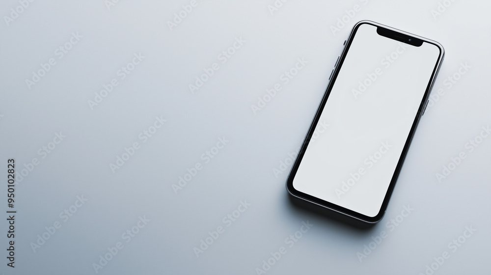 Poster a sleek, modern smartphone with a clean design, floating on a plain white background, showcasing its