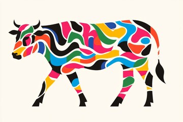 Obraz premium A colorful cow with a black nose and black legs. The cow is walking on a white background