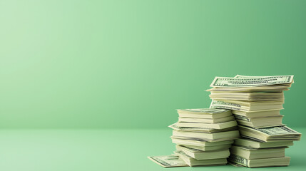 A crisp stack of dollar bills neatly arranged on a solid green background, symbolizing wealth and financial success, with plenty of space for copy.