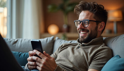 Smiling man using smartphone while relaxing on couch at home, enjoying digital content and staying connected, Mobile use concept, online chat concept, 