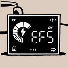 Ink and colour graphic illustration of an energy smart meter with the readout reading FFS instead of numerical digits