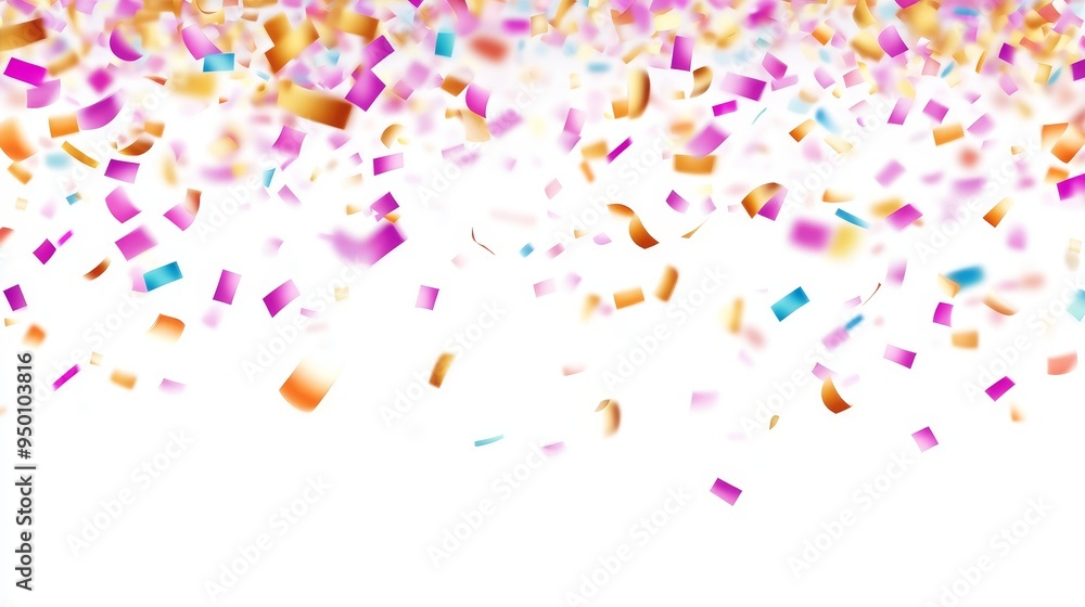 Poster this abstract background features multiple colors of confetti falling on a white background. it's a 