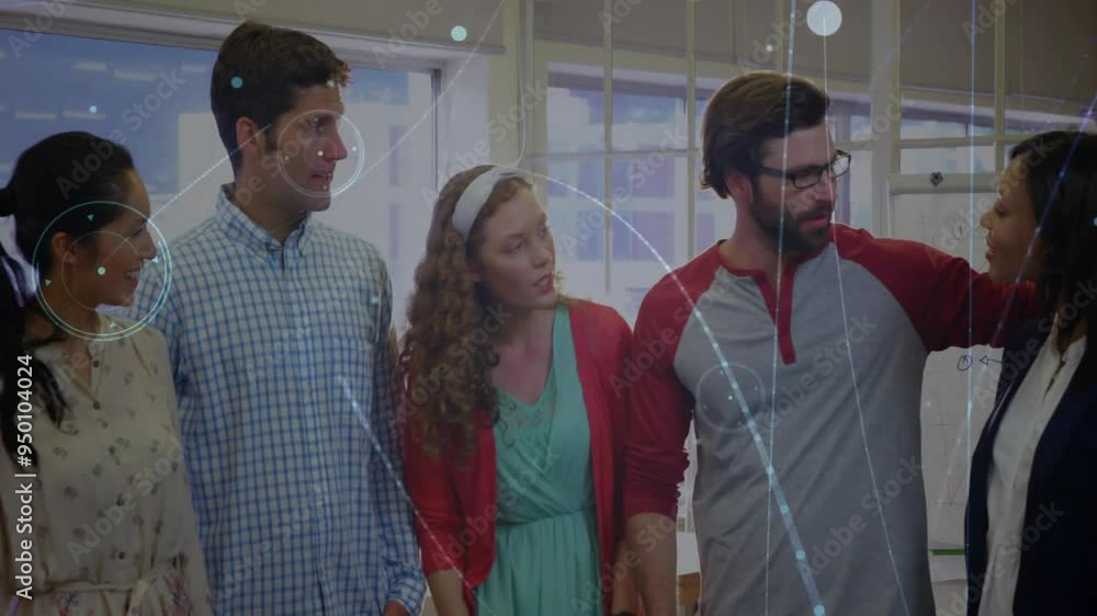 Poster business team discussing project with network connections animation over them