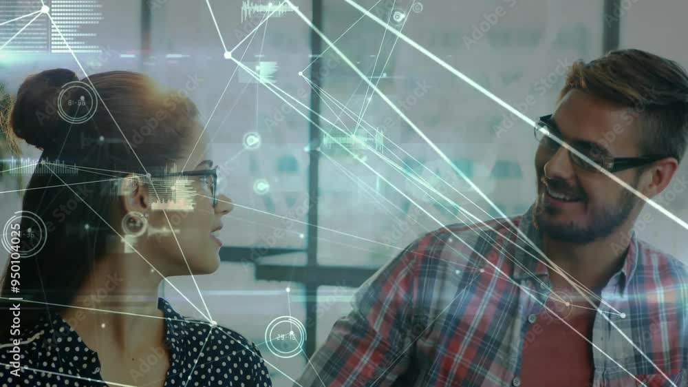 Poster network connections and data processing animation over colleagues discussing in office
