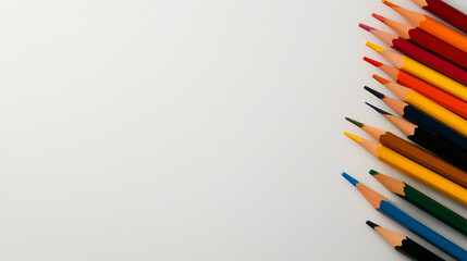 Fototapeta premium A set of colorful pencils arranged in a fan shape, against a plain white background, ready for back-to-school promotions with space for text.