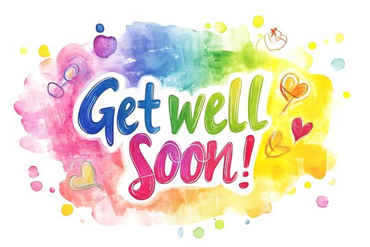 Healing Wishes - Bright "Get well soon!" Text with Abstract Symbols in Rainbow Gradient on White Background | Digital Painting Clipart