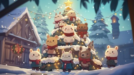Obraz premium Festive Animal Christmas Tree with Warm Lights & Snowy Cabin Backdrop