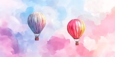 Obraz premium Watercolors Colorful Hot Air Balloons Floating Above Clouds in the Sky