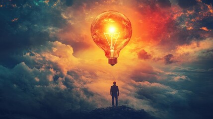 Fototapeta premium A Man Gazing at a Giant Lightbulb in the Sky