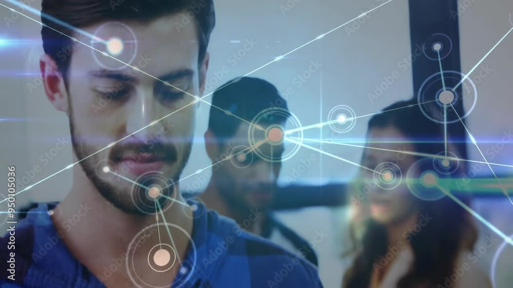Poster network of connections and data processing animation over diverse people in office