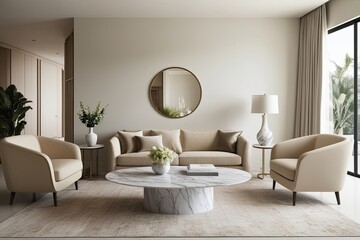 Fototapeta premium Elegant Marble Coffee Table and Beige Loveseat in a Serene Modern Living Area Design