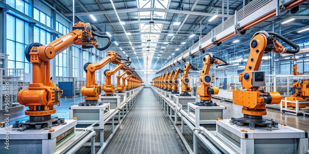 Poster Advanced robotic system replacing human labor in a factory setting, AI, automation, technology