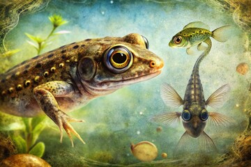 Fototapeta premium A retro-postcard-inspired illustration of a tattered tadpole transported to a futuristic cityscape, where neon lights reflect off its translucent skin, blending analog and digital worlds.