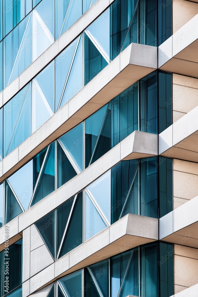 Poster a tall building with many windows and a blue tint. the windows are arranged in a way that creates a 