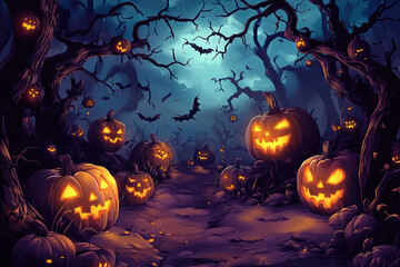 Halloween festival background with jack-o-lantern pumpkins.