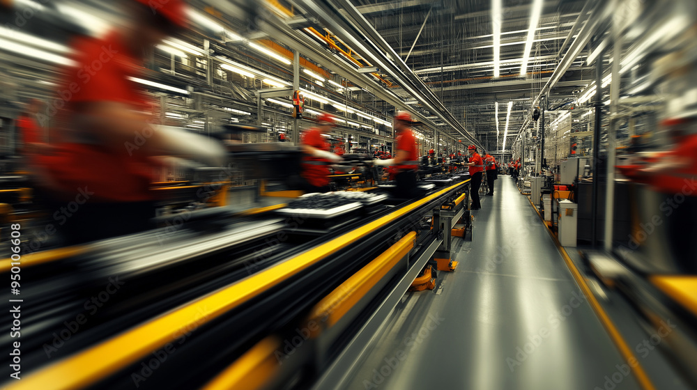 Aufkleber a factory assembly line with workers focused on assembling products, with a blur of motion capturing