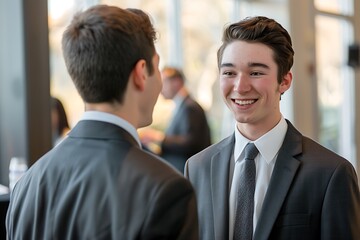 Fototapeta premium Young Business Professionals Engaging in Conversation with Smiles in a Modern Office Setting