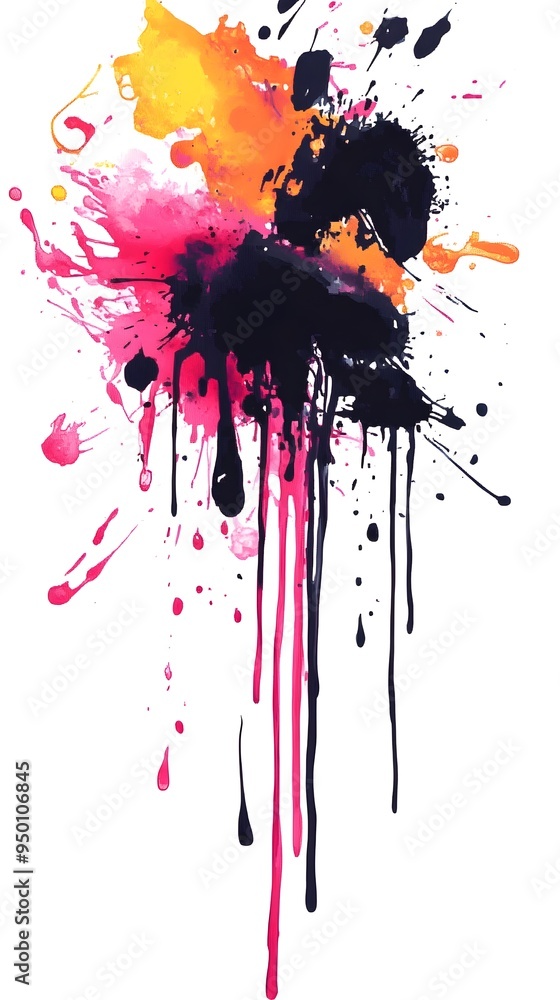 Poster dynamic abstract digital ink with expressive blots and drippings on minimal white backdrop