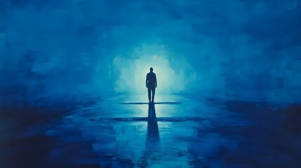 Obraz premium Mysterious Figure at the Crossroads under Midnight Sky in Pastel Blue