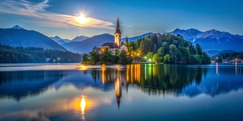 Lake Bled in the evening, moon's silver glow casting an ethereal path across the lake, chapel and trees bathed in lunar serenity.