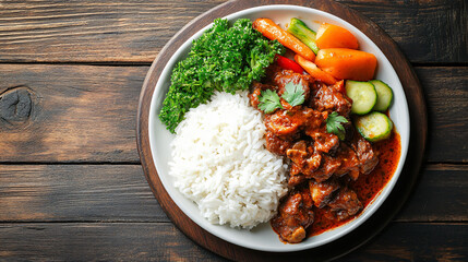 Hearty beef stew with rice, broccoli, cucumbers, and carrots on a rustic wooden table