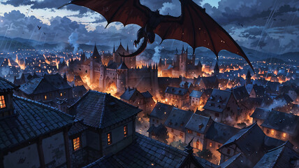 An anime dragon soars over a medieval town, with defenders preparing for battle under a stormy sky, creating a tense and dramatic fantasy scene.