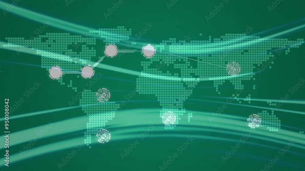 Poster global network connections and data flow animation over world map