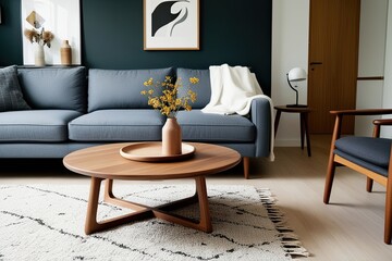 Round Wooden Coffee Table Beside a Modern Sofa in a Scandinavian Living Room Decor