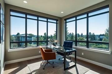 Fototapeta premium Elegant Home Office Window Design with Modern Glass Features in a Contemporary Setting