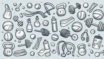 Sport gym sketch icon set. Doodle hand drawn tennis ball, water bottle, dumbbells fit equipment icon set.