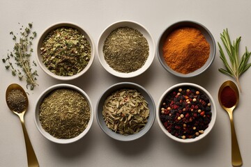 Elegant Presentation of Dried Herbs and Spices in a Neutral Setting for Wholesome Dishes Rich in Antioxidants