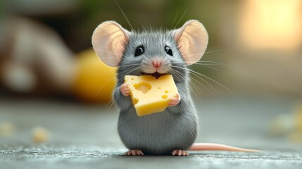 A cute gray mouse is holding a piece of cheese in its mouth