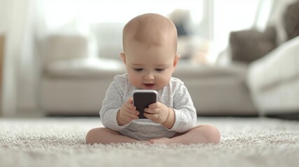 Baby using a mobile phone, illustrating the potential negative impact of phone usage on early development, and establishing harmful habits for young children