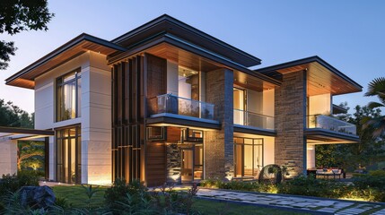 An elegant modern villa with  design influences, viewed in the soft glow of the evening. The façade features a balanced mix of wood and stone.