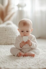 Baby using a mobile phone, illustrating the potential negative impact of phone usage on early development, and establishing harmful habits for young children