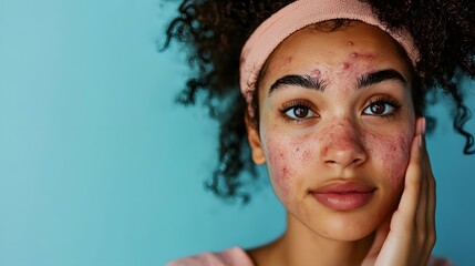 Young african american woman with acne embracing self-love for Acne Positivity Day. Highlighting confidence, body positivity, and acceptance of skin imperfections photo with copy space