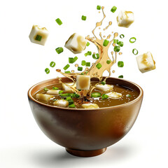 Miso soup on bowl with splashing tofu and dashi against sauce white background.	