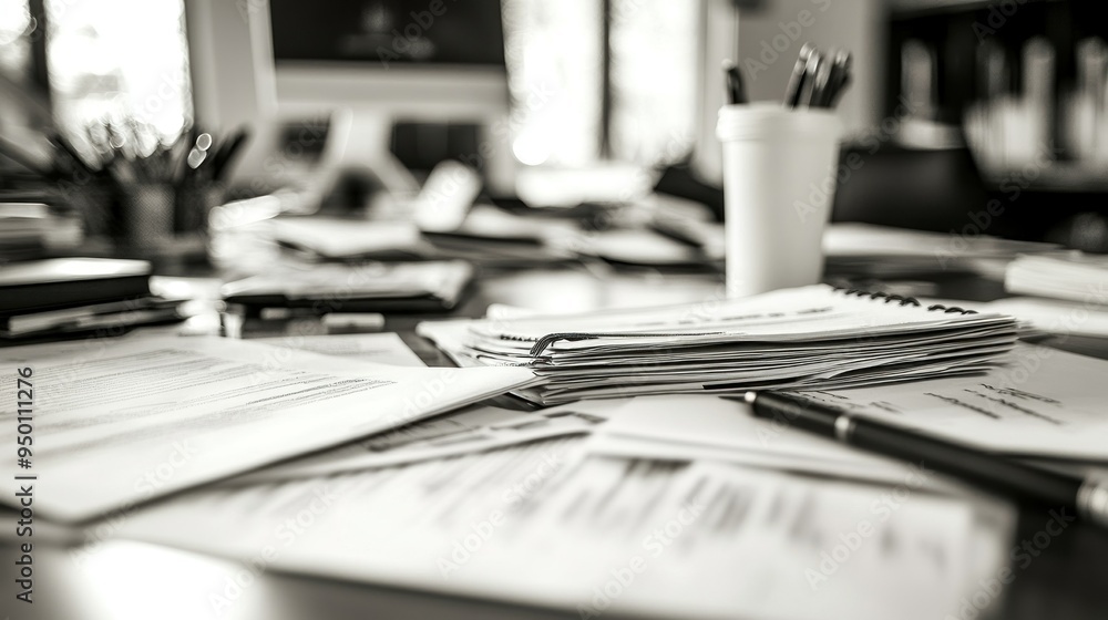 Poster stack of papers and a pen on a desk