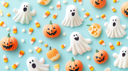 Fototapeta premium Playful pastel-colored trick-or-treaters in pumpkin and ghost outfits, surrounded by candy corn, on a light pastel blue background.