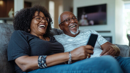 Smiling African American elderly couple sitting on a couch, enjoying a joyful moment together while watching TV. The scene captures warmth, love, and companionship in a cozy home.