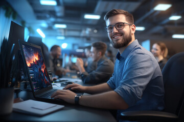 Obraz premium Smiling man with glasses working on a computer in a high-tech office at night. The environment is modern and digital, with a focus on technology and innovation.