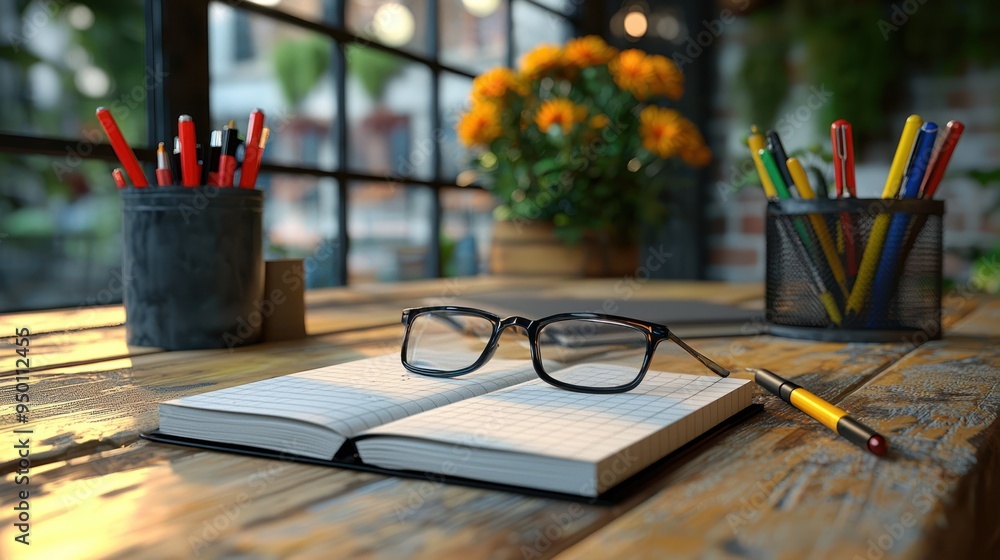 Poster vibrant workspace - 3d student desk with colorful pens and open notebook on abstract background, hig