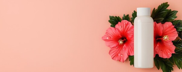 Obraz premium Hair conditioner bottle, water droplets on hibiscus petals, tropical freshness, 3D illustration