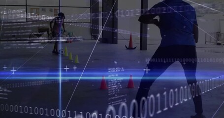 Binary code and data processing animation over people exercising in gym - Powered by Adobe