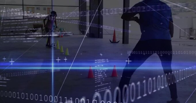 Binary code and data processing animation over people exercising in gym - Powered by Adobe